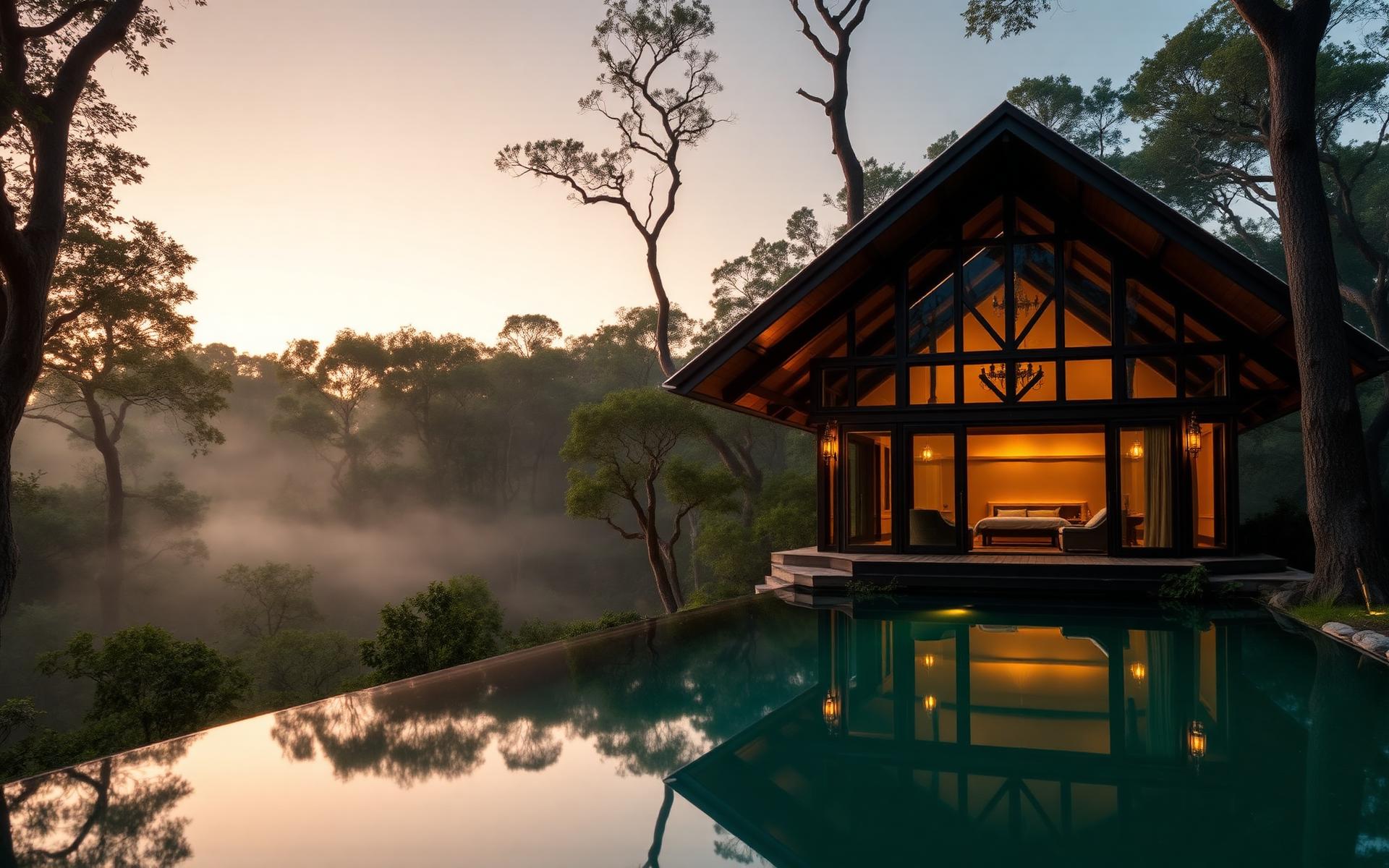 Luxury forest suite pavilion at golden hour