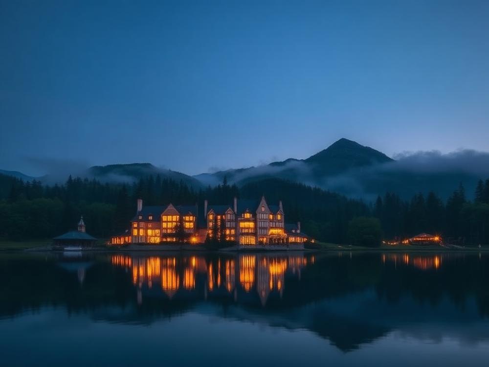 Illuminated forest retreat reflected in a lake at dusk